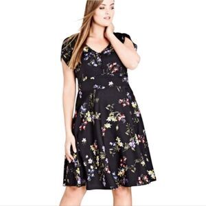 City Chic Free Love Black Floral Flutter Sleeve Midi Dress Size L/20